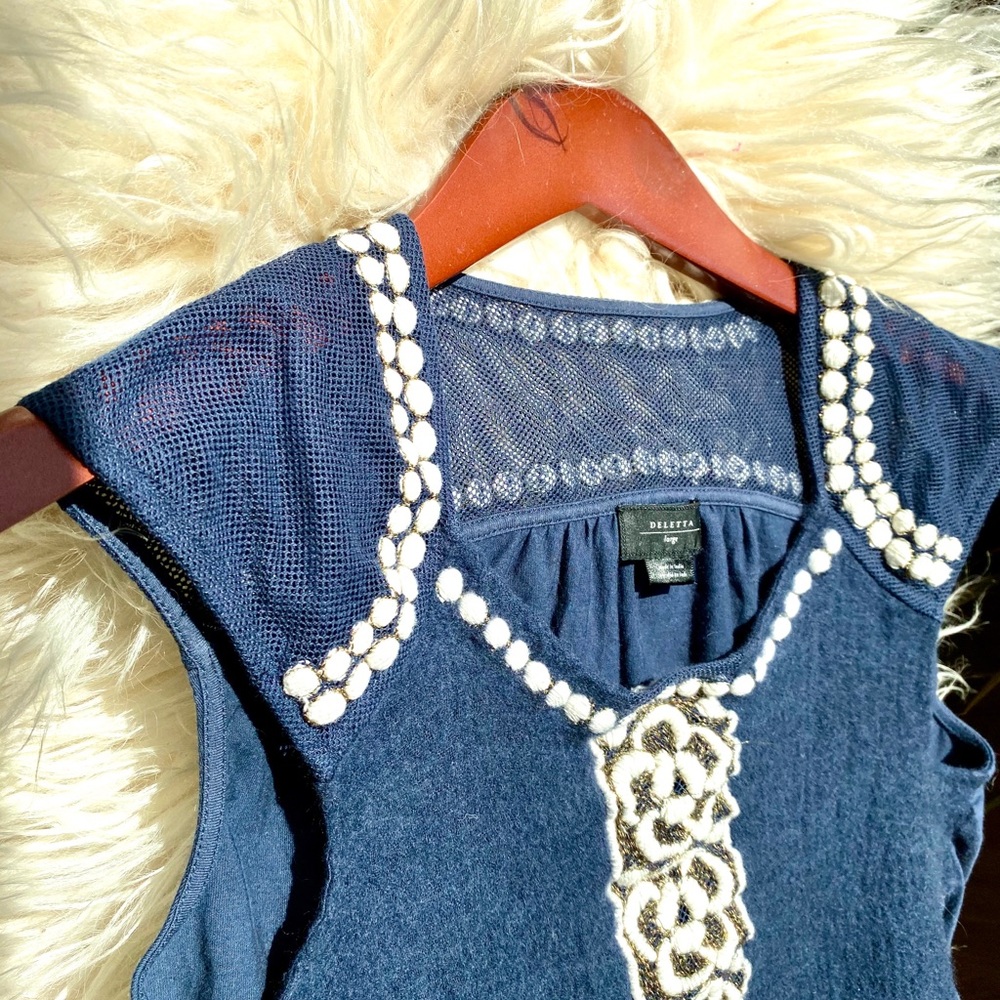 Anthropologie Deletta Navy Embroidered Top
